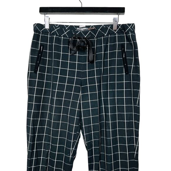 Karl Lagerfeld Plaid Trouser Elastic Drawstring Waist Black Checker - 8 - Picture 1 of 4